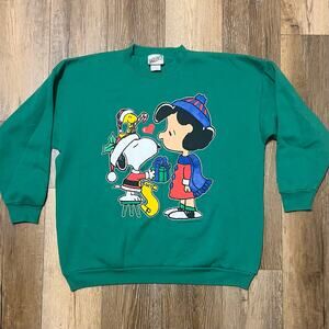 Vintage 90s Peanuts Snoopy Lucy Christmas Sweatshirt Size XL  Holiday Green USA